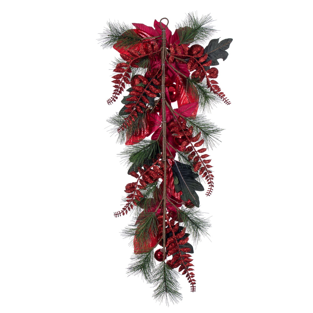 Vickerman Poinsettia Ball and Fern Decorated Teardrop