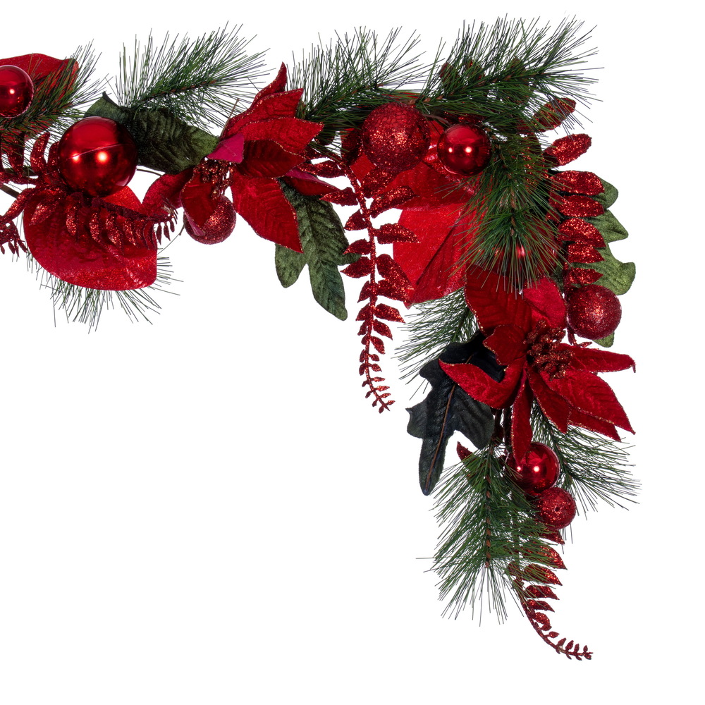 Vickerman Poinsettia Ball and Fern Decorated Garland