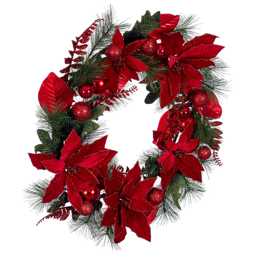 Vickerman Poinsettia Ball and Fern Decorated Wreath