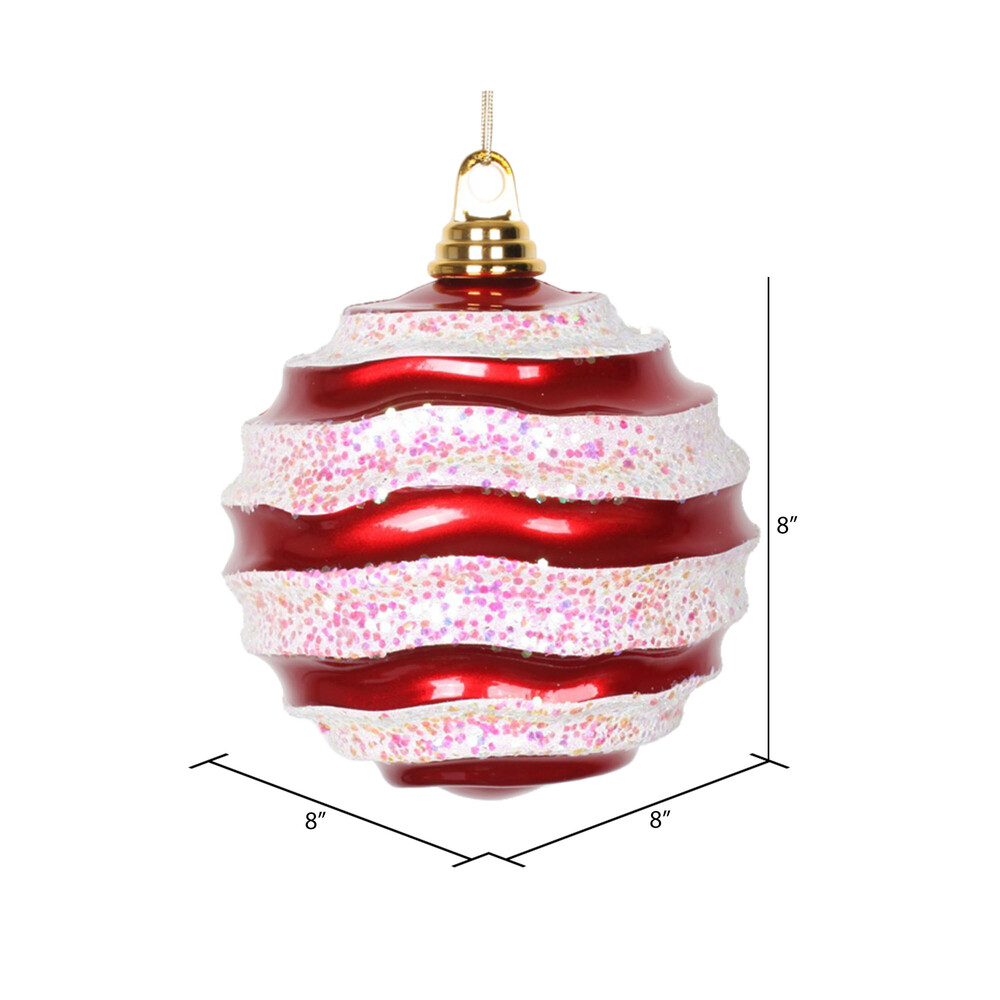 Vickerman Stripe Candy Glitter Wave Ball Christmas Ornament