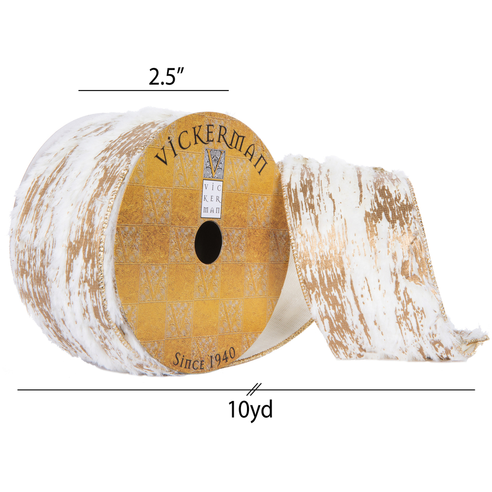 2.5"x10yd Ivory Faux Fur Gold Encrusted