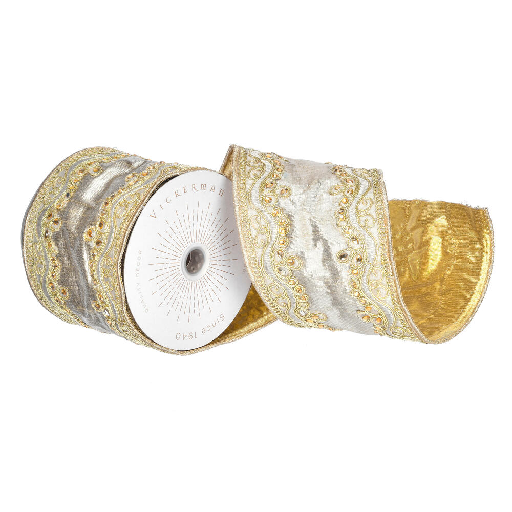 Vickerman Gold Embroidery One Sided Wired Edge Christmas Ribbon