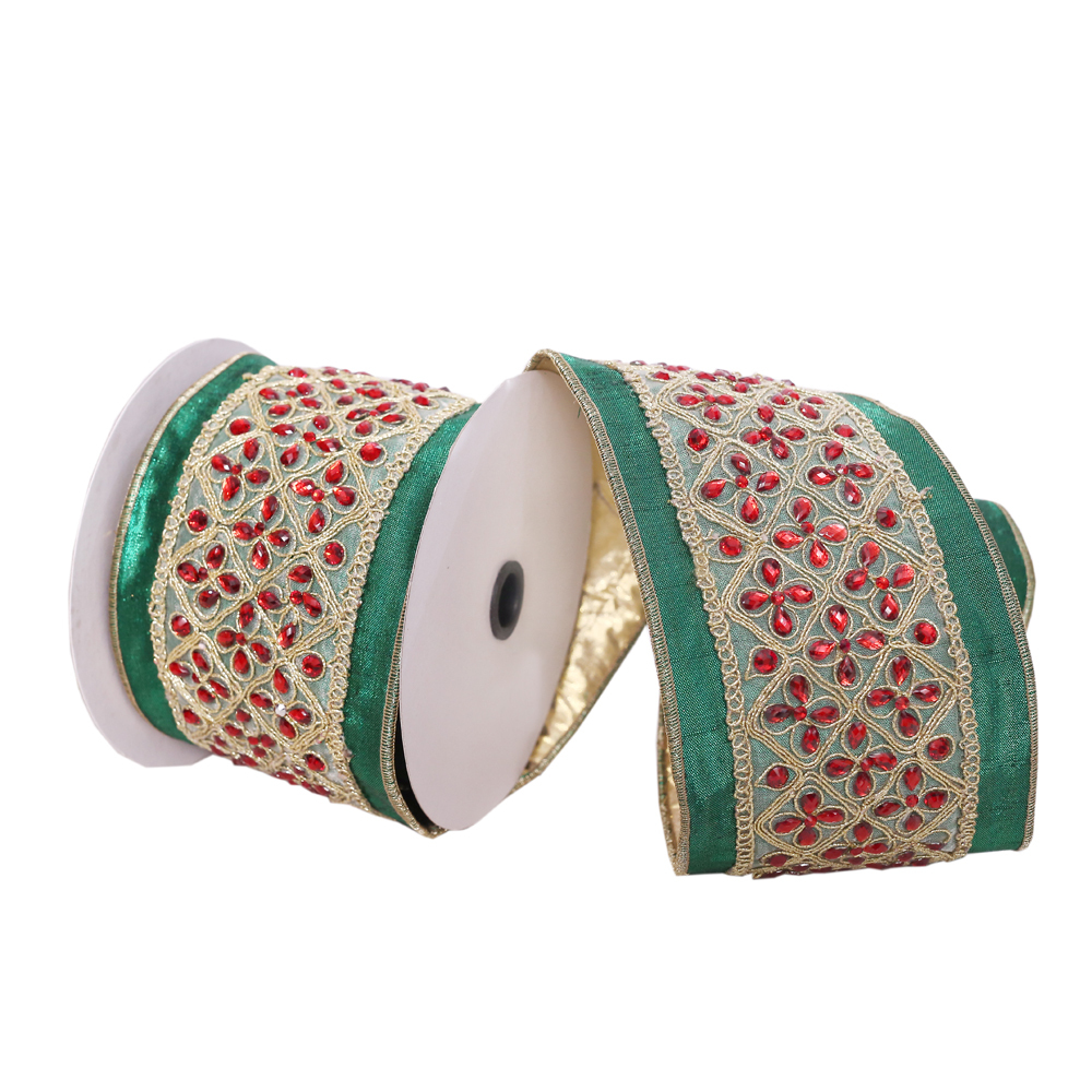 Vickerman 4"x5yd Jeweled Wired Edge Christmas Ribbon