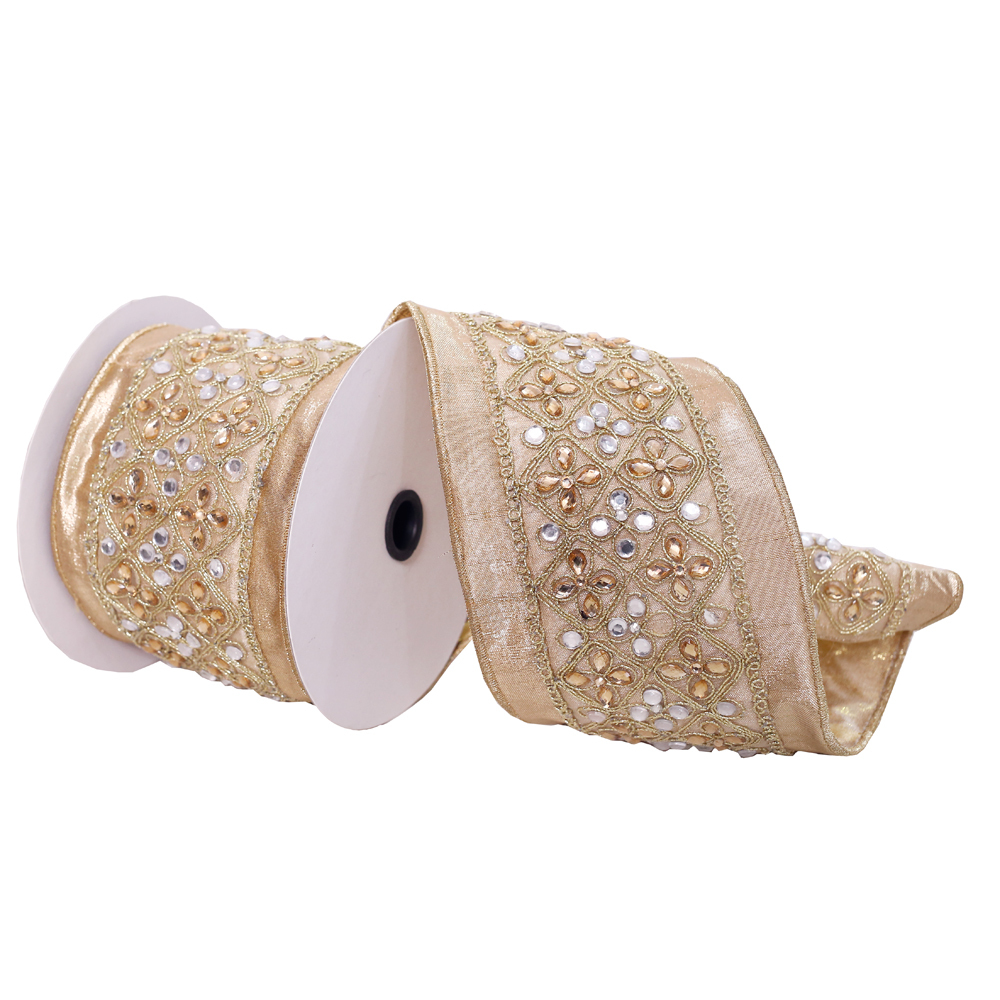 Vickerman 4"x5yd Jeweled Wired Edge Christmas Ribbon