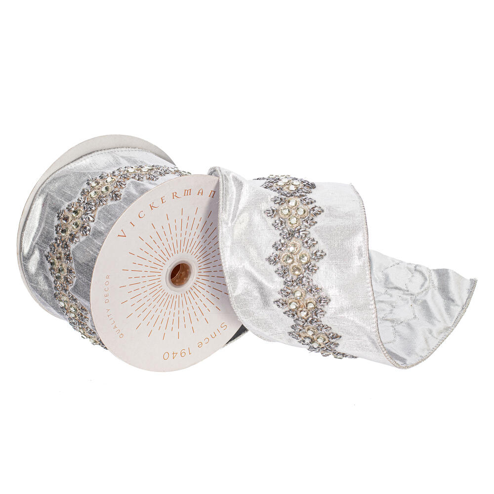 Vickerman 4"x5yd Jeweled Wired Edge Ribbon
