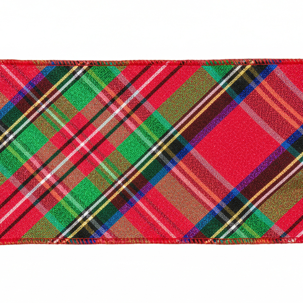 Vickerman Red, Green, Blue Metallic Diagonal Plaid with Red Trim/Backing Ribbon