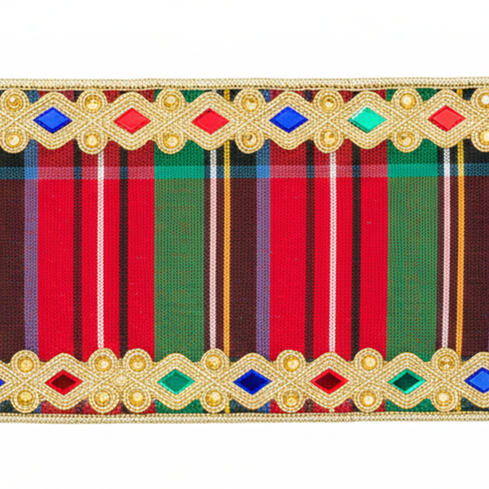 Vickerman Multicolor Traditional Plaid with Jeweled Gold Applique Center and Gold Backing Ribbon