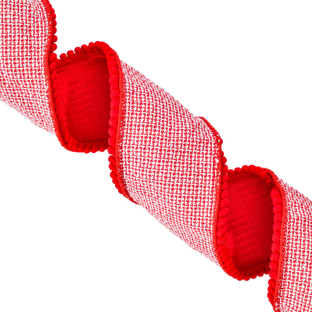 4"x5yd Red Houndstooth Pom Pom Ribbon