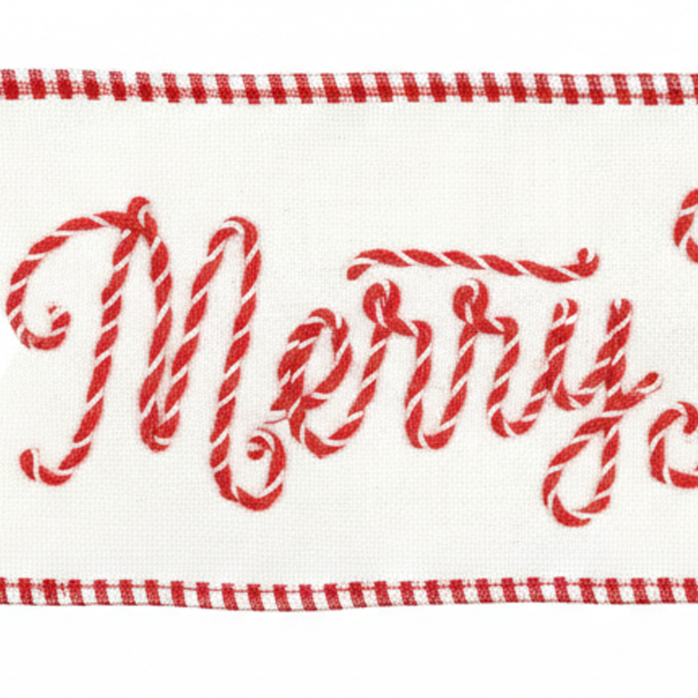 Vickerman Embroidered Rope Merry Christmas On Canvas Ribbon