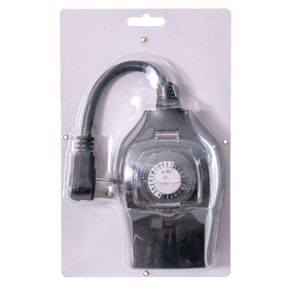 Vickerman Outdoor Mechanical Pin Timer with 14Ga 6" Power Cord and Grounded Plug, and 2 Grounded Outlets, Water proof Clear Cover